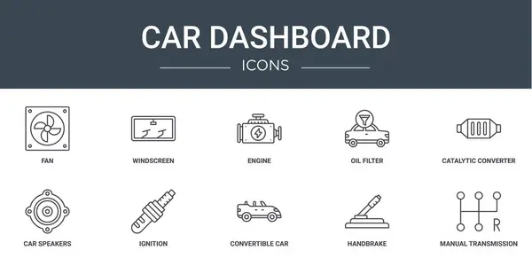 stock vector set of 10 outline web car dashboard icons such as fan, windscreen, engine, oil filter, catalytic converter, car speakers, ignition vector icons for report, presentation, diagram, web design, mobile