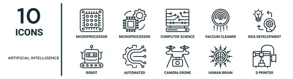 stock vector artificial intelligence outline icon set such as thin line microprocessor, computer science, idea development, automated, human brain, d printer, robot icons for report, presentation, diagram, web