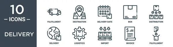 stock vector delivery outline icon set includes thin line fulfillment, destination, delivery date, box, distribution, delivery, logistics icons for report, presentation, diagram, web design