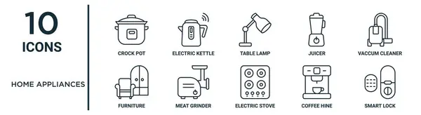 stock vector home appliances outline icon set such as thin line crock pot, table lamp, vaccum cleaner, meat grinder, coffee hine, smart lock, furniture icons for report, presentation, diagram, web design