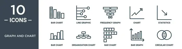 stock vector graph and chart outline icon set includes thin line bar chart, line graphic, frequency graph, chart, statistics, bar organization icons for report, presentation, diagram, web design