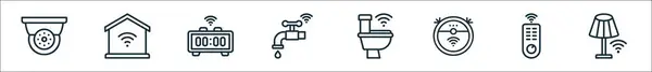 stock vector outline set of smarthome line icons. linear vector icons such as cctv, smarthome, clock, water, toilet, vaccum cleaner, remote, lamp