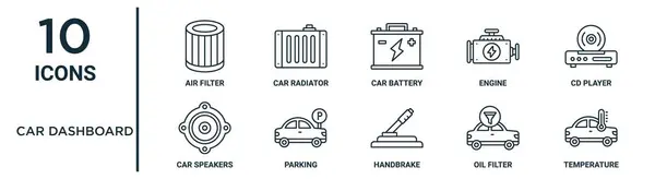 stock vector car dashboard outline icon set such as thin line air filter, car battery, cd player, parking, oil filter, temperature, car speakers icons for report, presentation, diagram, web design