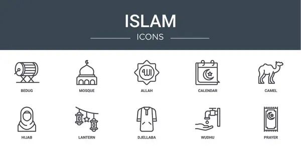 stock vector set of 10 outline web islam icons such as bedug, mosque, allah, calendar, camel, hijab, lantern vector icons for report, presentation, diagram, web design, mobile app