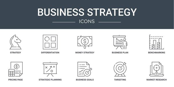 набор из 10 набросков иконок веб-стратегии бизнеса, таких как стратегия, дифференциация, денежная стратегия, бизнес-план, бенчмаркинг, страница ценообразования, векторные значки стратегического планирования для отчета, презентация,