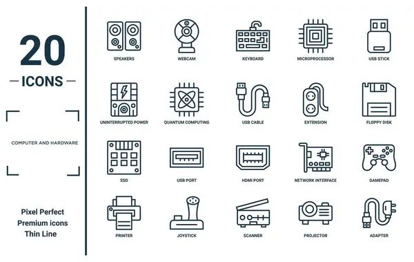 stock vector computer and hardware linear icon set. includes thin line speakers, uninterrupted power supply, ssd, printer, adapter, usb cable, gamepad icons for report, presentation, diagram, web design