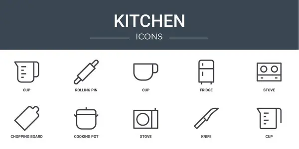 stock vector set of 10 outline web kitchen icons such as cup, rolling pin, cup, fridge, stove, chopping board, cooking pot vector icons for report, presentation, diagram, web design, mobile app