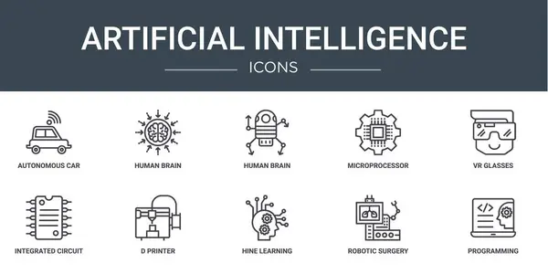 stock vector set of 10 outline web artificial intelligence icons such as autonomous car, human brain, human brain, microprocessor, vr glasses, integrated circuit, d printer vector icons for report, presentation,