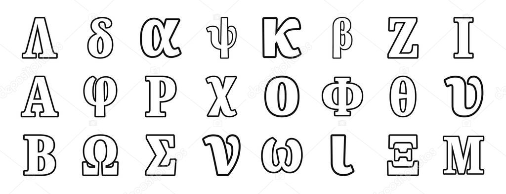 Set of 24 outline web greek alphabets icons such as lambda, delta, alpha, psi, kappa, beta, zeta vector icons for report, presentation, diagram, web design, mobile app