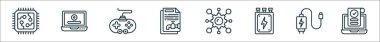 Teknoloji çizgisi simgelerinin ana hatları. çip, kurulum, oyun sahası, veri sızıntısı, eşyalar, enerji, şarj aleti, kayıt gibi doğrusal vektör simgeleri