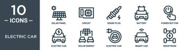 Elektrik araba ana hatları simgesi seti ince çizgi güneş paneli, devre, buji, pil, güç düğmesi, elektrikli araba, rapor için güneş enerjisi simgeleri, sunum, diyagram, web tasarımı içerir