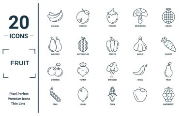 meyve doğrusal simgesi seti. Rapor için ince çizgi muz, avokado, kiraz, bezelye, ahududu, biber, armut simgeleri, sunum, diyagram, web tasarımı