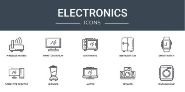 Kablosuz modem, monitör, mikrodalga, buzdolabı, akıllı sepet, bilgisayar masaüstü, rapor, sunum, diyagram, web gibi 10 ana hatlı web elektronik simgesi seti