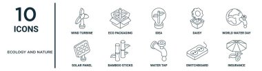 Ekoloji ve doğa ana hatları simgesi: ince çizgi rüzgar türbini, fikir, dünya su günü, bambu çubukları, santral, sigorta, rapor için güneş paneli simgeleri, sunum, diyagram, web tasarımı