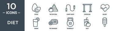 diyet taslak simgesi seti ince çizgi yumurta, beslenme, atlama ipi, egzersiz, kalp, içecek, rapor için burger simgesi yok, sunum, diyagram, web tasarımı içerir