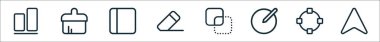 Tasarım çizgisi simgelerinin ana hatları. nesneleri hizalama, fırça aracı, düzen, silme aracı, dışlama, düzenleme, seçim, imleç gibi doğrusal vektör simgeleri