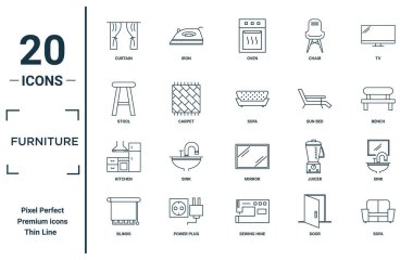Mobilya doğrusal simge seti. Rapor için ince çizgi perde, tabure, mutfak, panjurlar, kanepe, kanepe, lavabo simgeleri, sunum, diyagram, web tasarımı