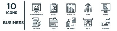 İş ana hatları simgesi: İnce çizgi iş büyümesi, istatistik, fatura, dosyalar, dükkan, iş yeri, rapor, sunum, diyagram, web tasarımı
