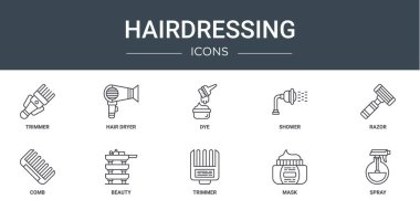 Rapor için 10 ana hatlı saç kurutma makinesi, boya, duş, jilet, tarak, güzellik vektör simgesi, sunum, diyagram, web tasarımı, mobil uygulama gibi web tasarımı simgeleri