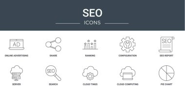 set of 10 outline web seo icons such as online advertising, share, ranking, configuration, seo report, server, search vector icons for report, presentation, diagram, web design, mobile app clipart