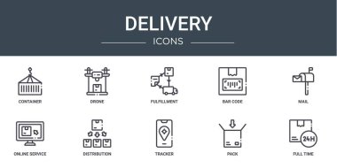 Rapor, sunum, diyagram, web tasarımı, mobil uygulama gibi 10 ana hatlı web dağıtım simgesi seti (container, drone, fullment, bar code, mail, online service, distribution vector simgeleri)