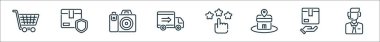 Alışverişin ana hatları ve dış hat simgeleri. Alışveriş arabası, dağıtım koruması, kamera, dağıtım kamyonu, reyting, mağaza, dağıtım, müşteri temsilcisi gibi doğrusal vektör simgeleri