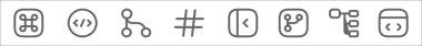 Program çizgisi simgelerinin ana hatları. komut, kod, hiyerarşi, hashtag, kenar çubuğu, hiyerarşi, veri, kod gibi doğrusal vektör simgeleri