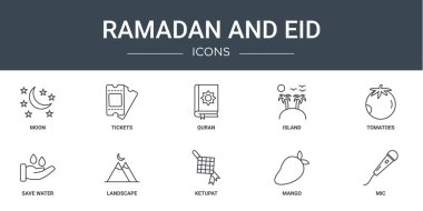 Ayın, biletlerin, Kuran 'ın, adanın, domateslerin, kaydedilen suyun, rapor için manzara vektör simgelerinin sunumu, diyagramı, web tasarımı, mobil uygulama gibi 10 ana hatlı web rahata ve bayram simgelerinden oluşan bir set.