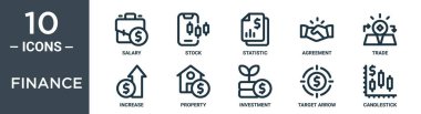finans ana hatları simgesi kümesi ince çizgi maaşı, stok, istatistik, anlaşma, ticaret, artış, rapor için emlak simgeleri, sunum, diyagram, web tasarımı içerir
