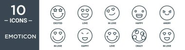 Simge özeti seti ince çizgi halinde heyecanlı, aşk, aşık, mutlu, kızgın, aşık, rapor için mutlu ikonlar, sunum, diyagram, web tasarımı içerir