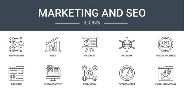 set of 10 outline web marketing and seo icons such as networking, loss, pie chart, network, target audience, browser, video content vector icons for report, presentation, diagram, web design, mobile