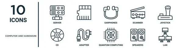 stock vector computer and hardware outline icon set such as thin line server, earphones, joystick, adapter, speakers, lan, cd icons for report, presentation, diagram, web design