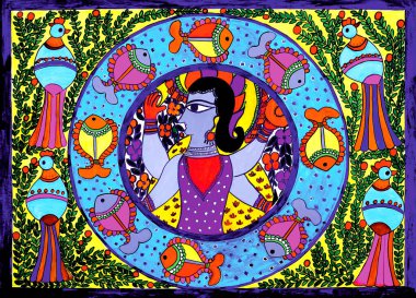 Radha Krishna, Madhubani tarzında resim yapıyor.