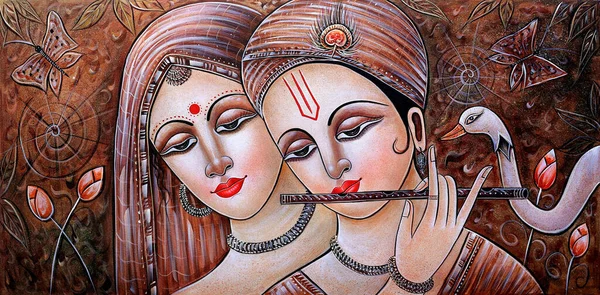 Radha Krishna Canvas Painting Madhubani Style — Stock Photo, Image