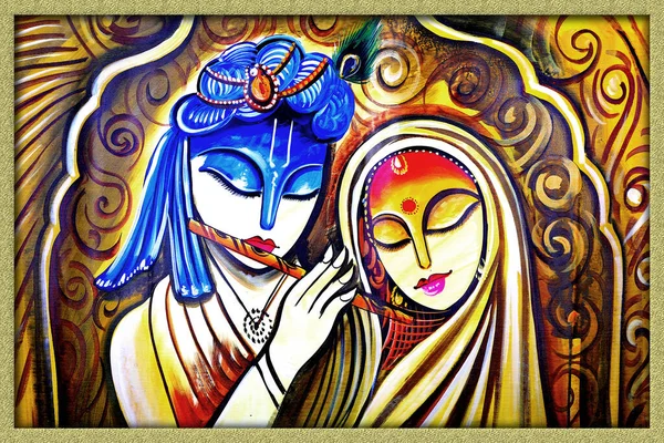 Radha Krishna Doek Schilderen Madhubani Stijl — Stockfoto