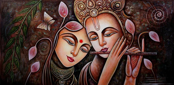 Radha Krishna Pintura Lona Estilo Madhubani — Fotografia de Stock