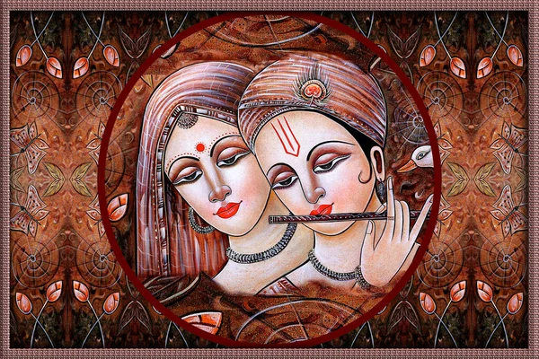 Radha Krishna Canvas Painting Madhubani Style — Stock Photo, Image