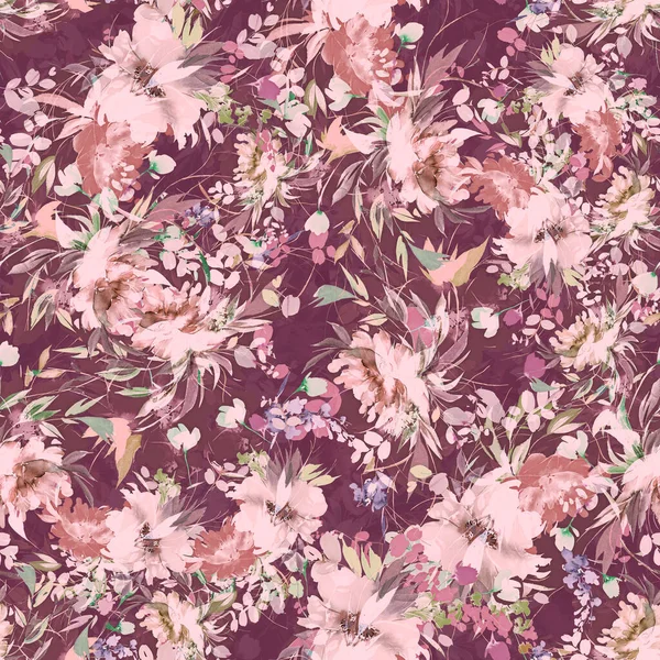 Seamless Floral Pattern Flowers Branches Watercolor Painting — Stock Photo, Image