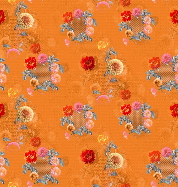 Vintage Floral Pattern Flowers Leaves Orange Background — Stock Photo, Image