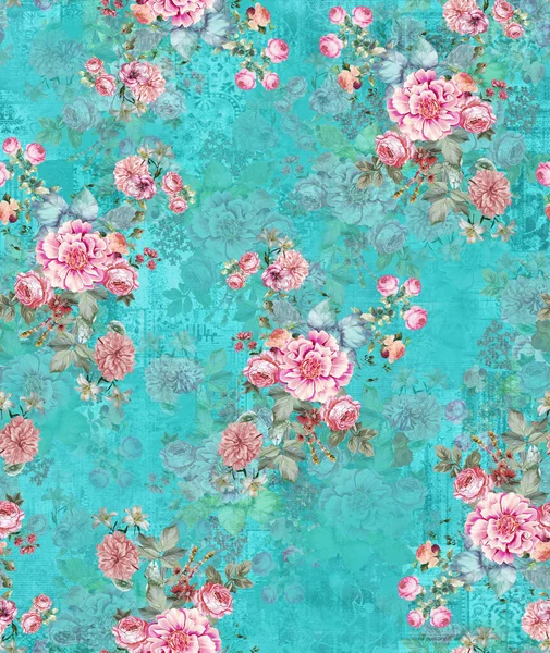 Akvarell Virágos Háttér Bazsarózsa Rózsák Levelek Zökkenőmentes Vektor Illusztráció — Stock Fotó