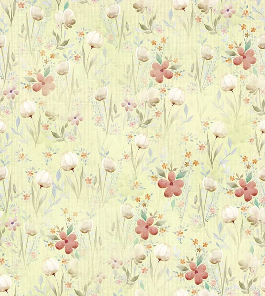 Akvarel Květinový Bezešvý Vzor Květinami Trávou Listy Ručně Malované Pozadí — Stock fotografie