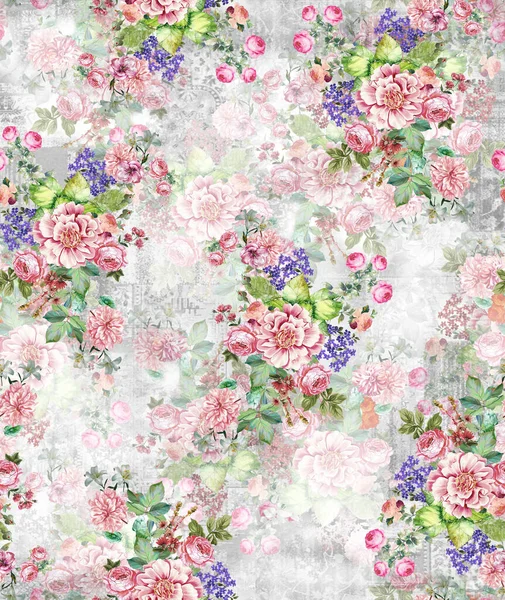 Watercolor Painting Leaves Flowers Seamless Pattern — Stock Photo, Image