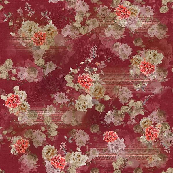 Red Flowers Leaves Beige Background Seamless Pattern — Stock Photo, Image