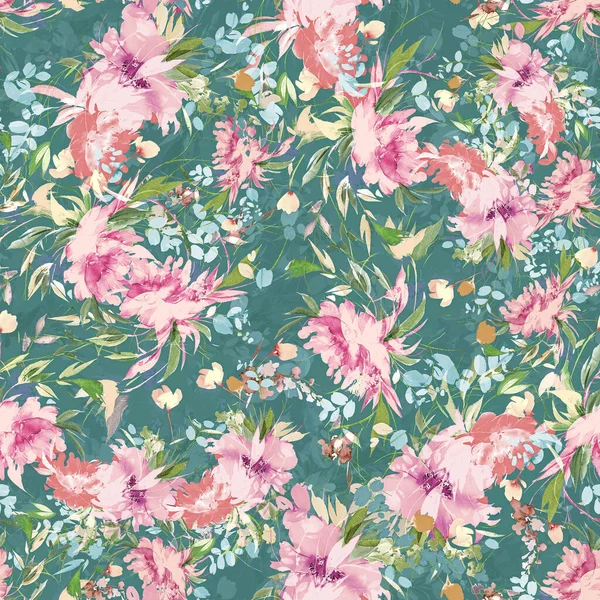 watercolor seamless wallpaper with pink flowers and green leaves