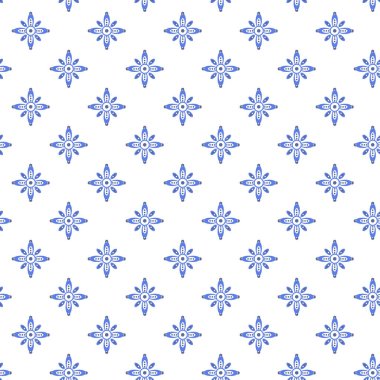 Klasik stil vektör pürüzsüz desen. Retro geometrik çiçek süsü. Zarif mavi ve beyaz mozaik desen. Tekstil, hatıra defteri, baskı, arkaplan veya ambalaj kağıdı için mükemmel. 