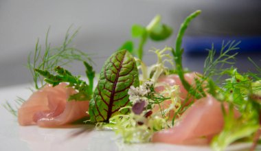 Tütsülenmiş somon alabalığı salatası ve mikroyeşillikler yakın plan..