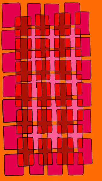 Kırmızı ve pembe renkli karelerin soyut çizimi turuncu arka plan, dijital sanat el çizimi.
