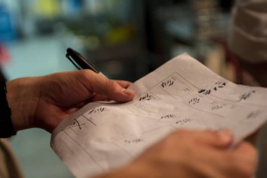 Şefin elinde profesyonel notlar ve işaretle kaliteli bir restoranda hassasiyet ve profesyonelliği vurgulayan bir kağıt var..