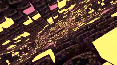 Işık tüneli. Krom, sarı ve neon pembe küplerden oluşan canlı bir okyanus. Sonsuz hareketle hipnotik ve dalgalı bir koridor oluşturuyor..