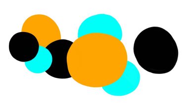 Beyaz, minimalist ve zarif tasarım üzerinde siyah, turkuaz ve hardal şeklinde üst üste binen renkli dairelerin soyut modern çizimi.